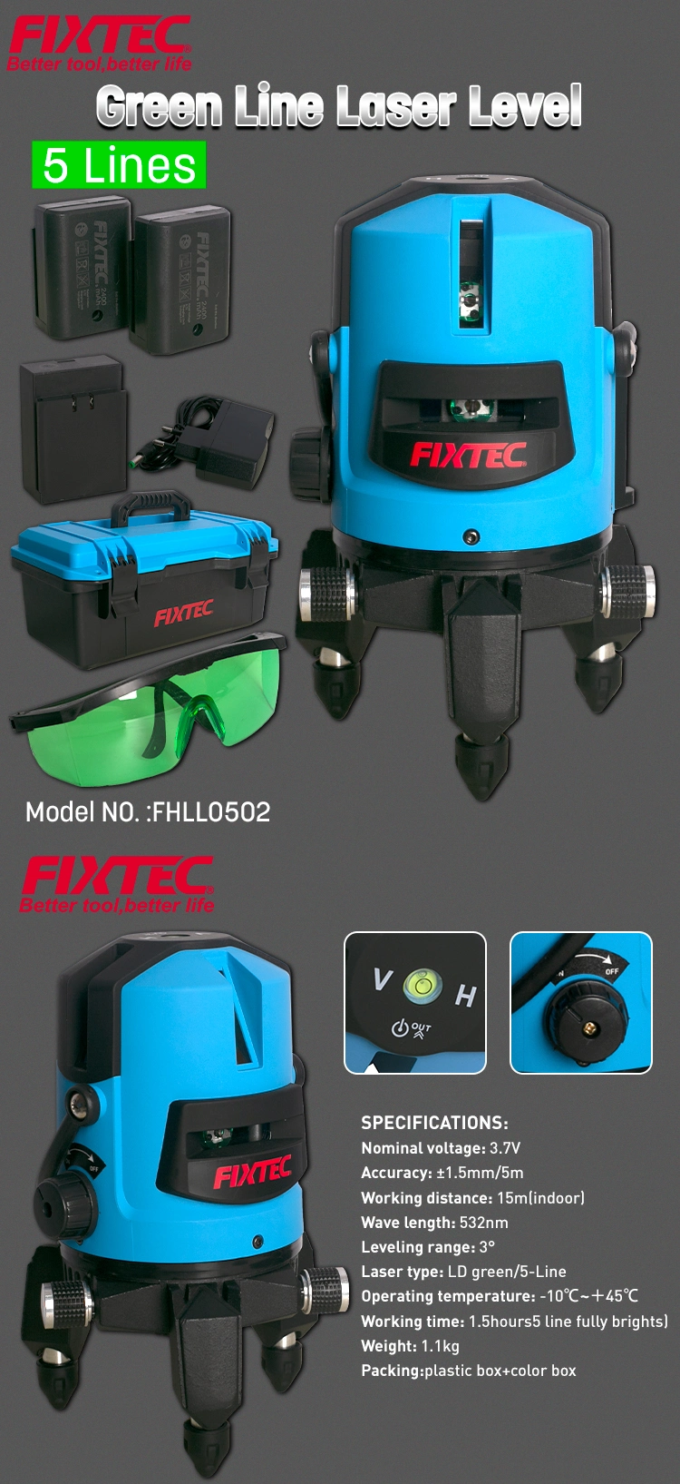 Fixtec 5 Lines 8 Points Green Light High Precision Strong Light Laser Level