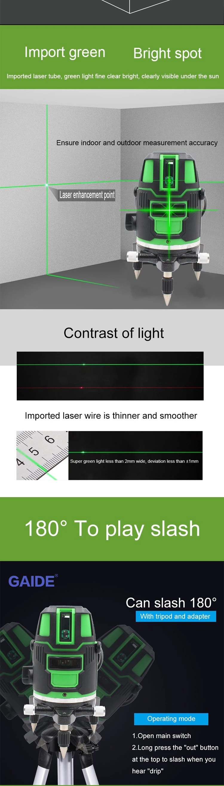 Cross Laser Level Lines Green Beam Rotating Lasers with Tripod